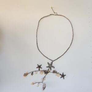 Seashell Starfish Necklace with Pearls Silver Tone Chain Nautical Beach Jewelry